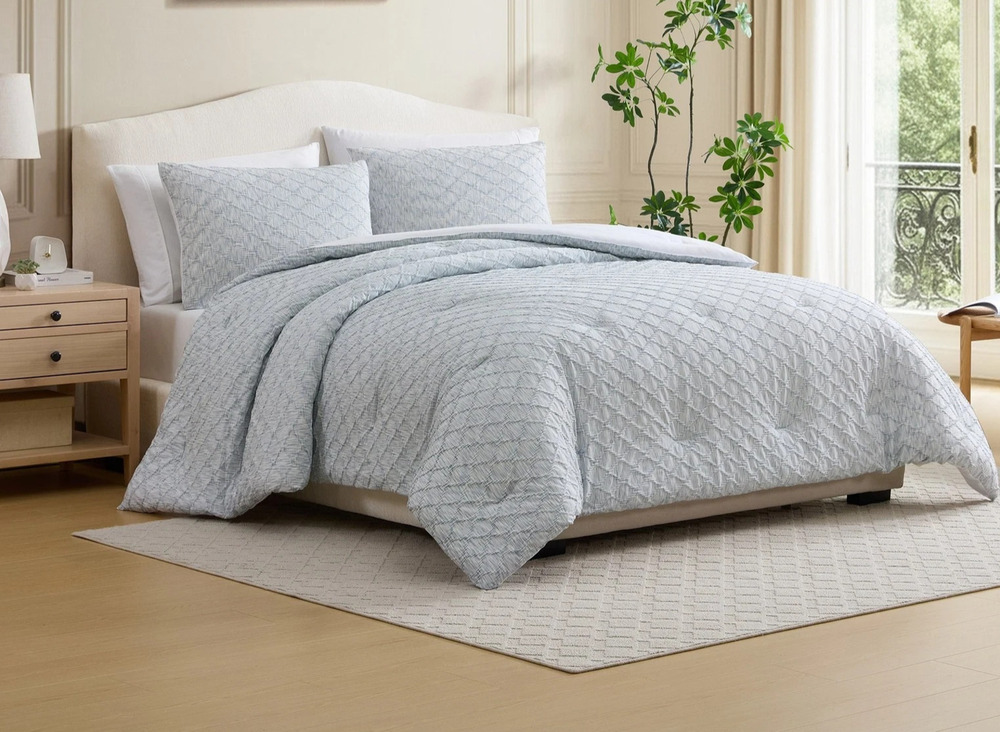 Jennifer Adams King 3 Piece Woven Comforter Set Oat/Blue Yarn Dyed New